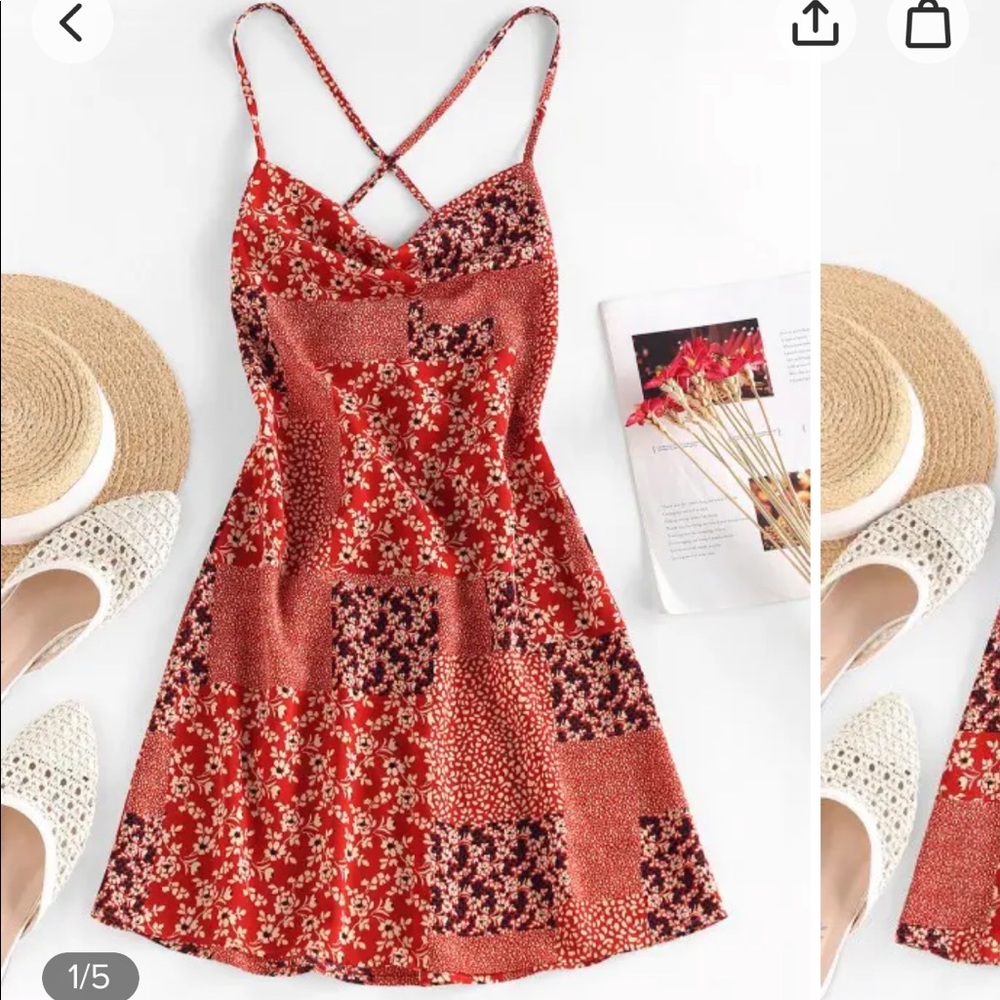 Backless Red Patterned Lace Up Summer Dress